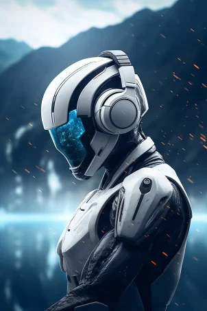 futuristic robot listening music headphones